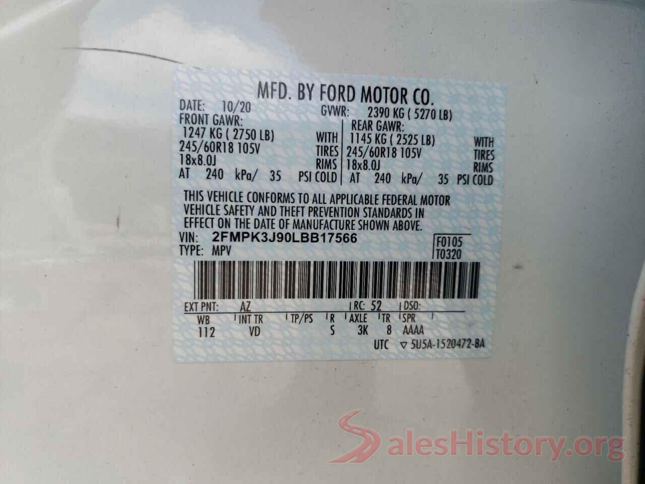 2FMPK3J90LBB17566 2020 FORD EDGE