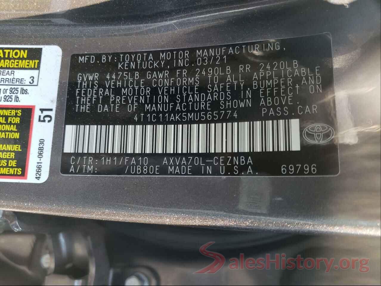 4T1C11AK5MU565774 2021 TOYOTA CAMRY