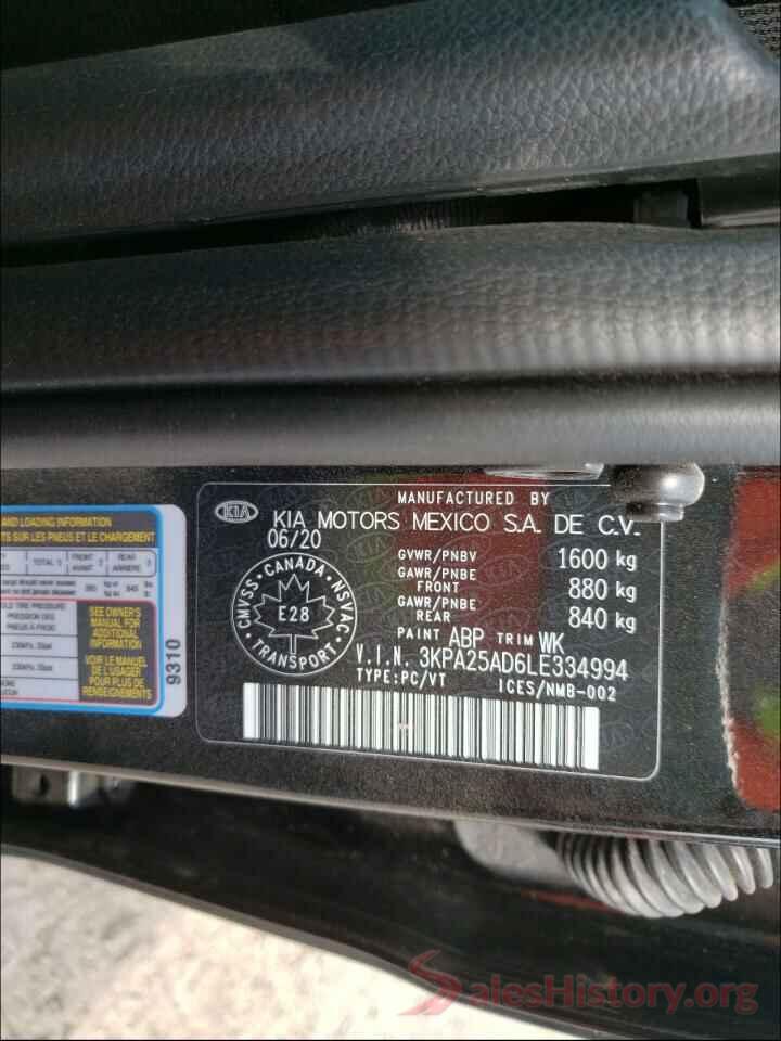 3KPA25AD6LE334994 2020 KIA RIO