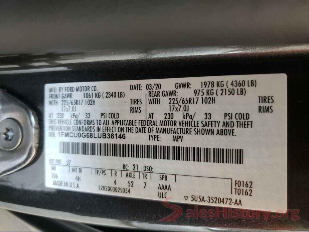 1FMCU0G68LUB38146 2020 FORD ESCAPE