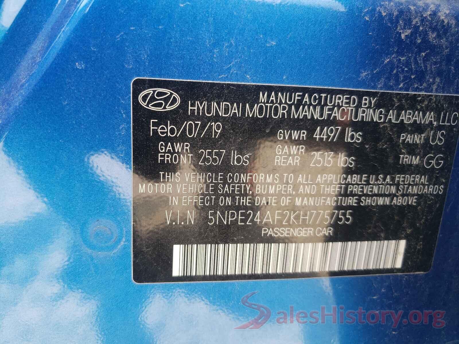 5NPE24AF2KH775755 2019 HYUNDAI SONATA