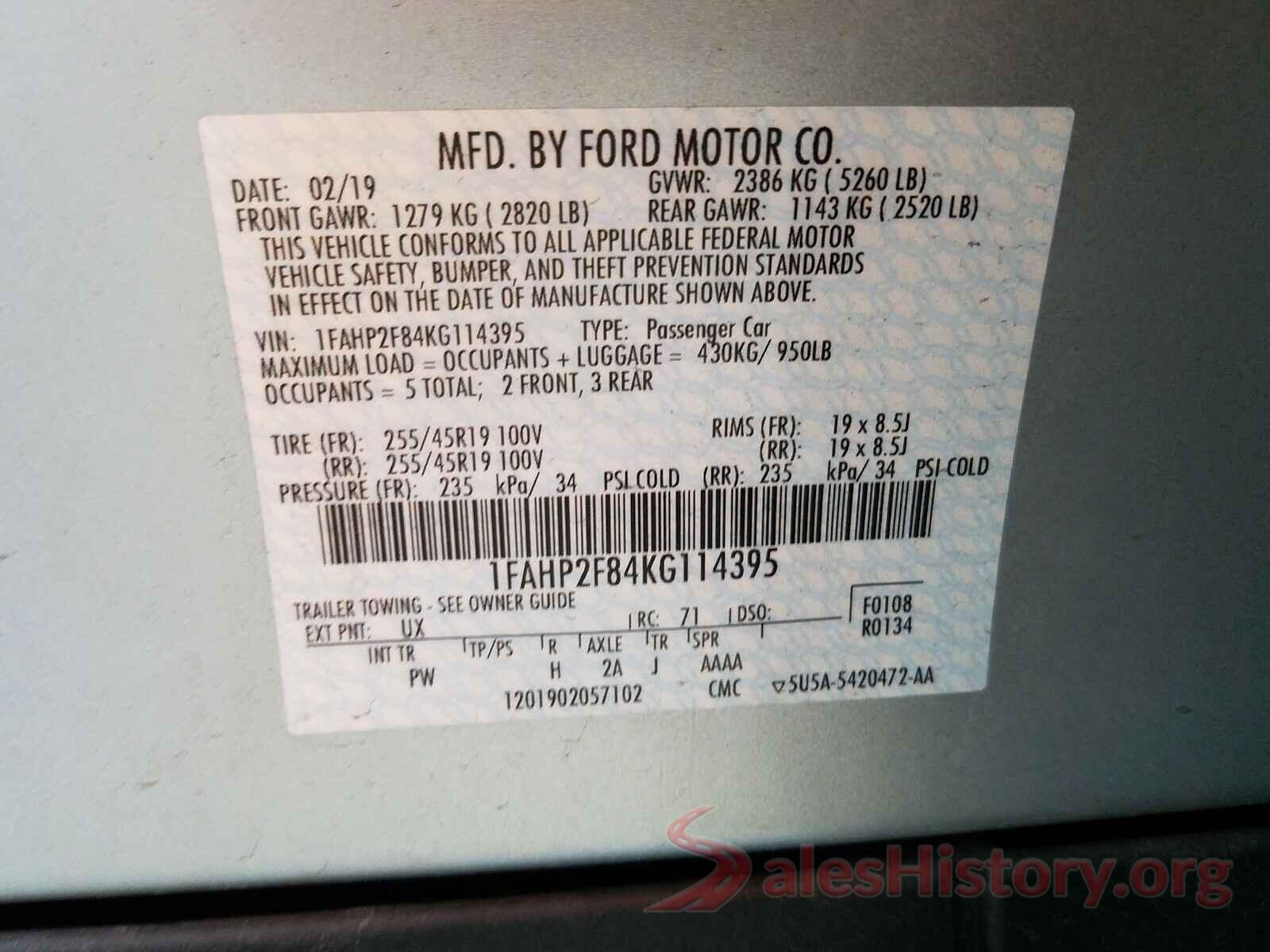 1FAHP2F84KG114395 2019 FORD TAURUS