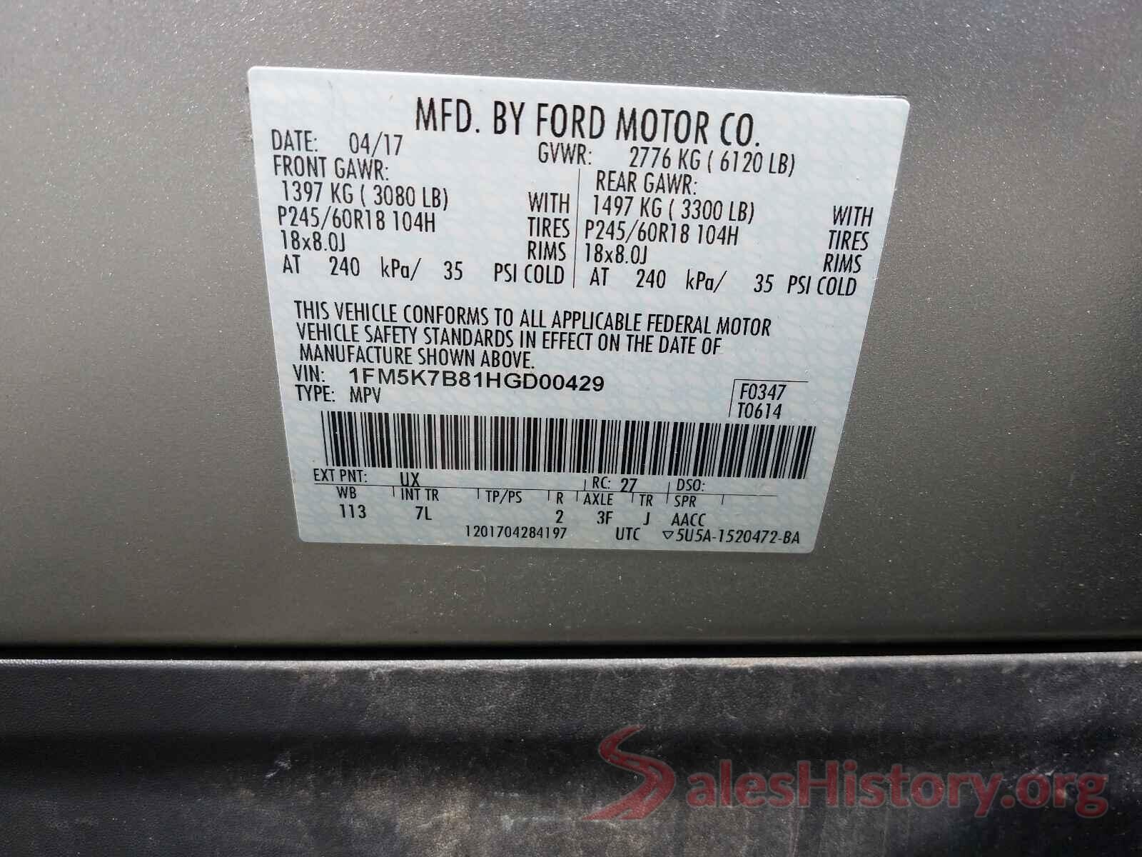 1FM5K7B81HGD00429 2017 FORD EXPLORER