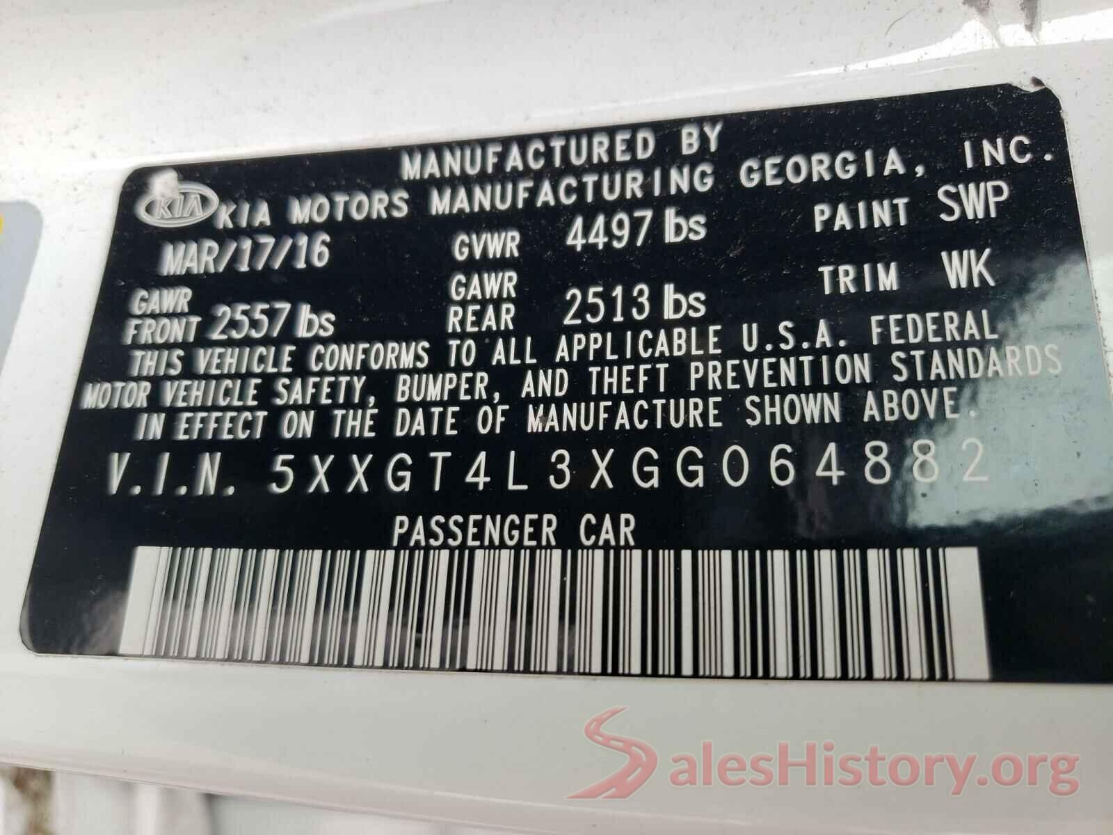 5XXGT4L3XGG064882 2016 KIA OPTIMA