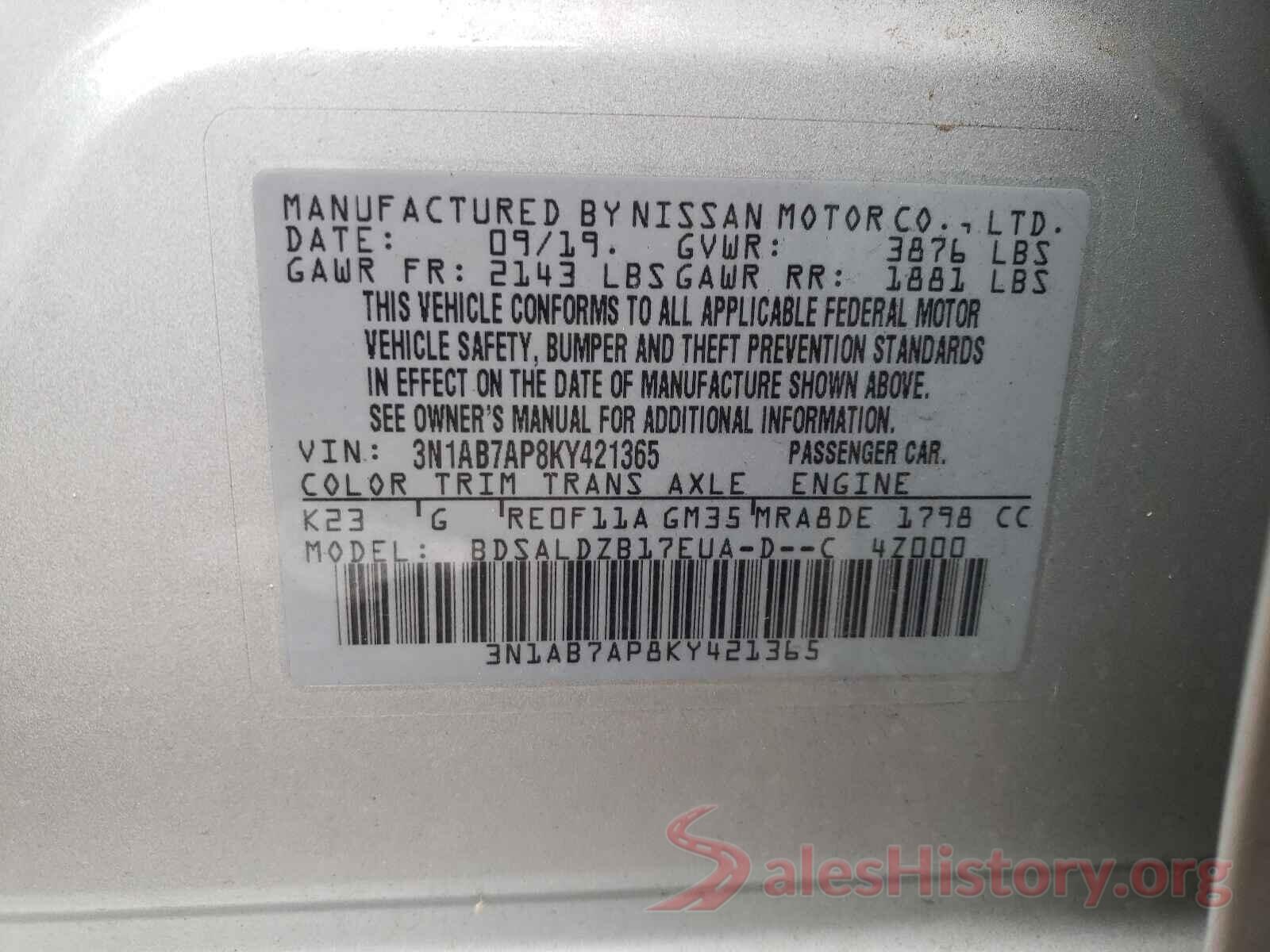 3N1AB7AP8KY421365 2019 NISSAN SENTRA