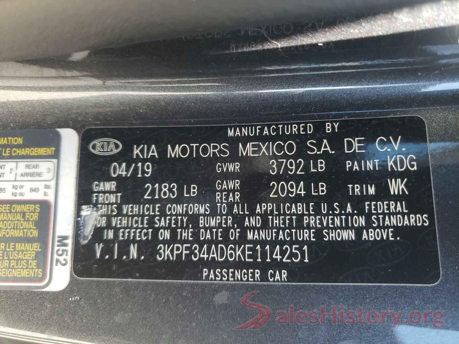 3KPF34AD6KE114251 2019 KIA FORTE