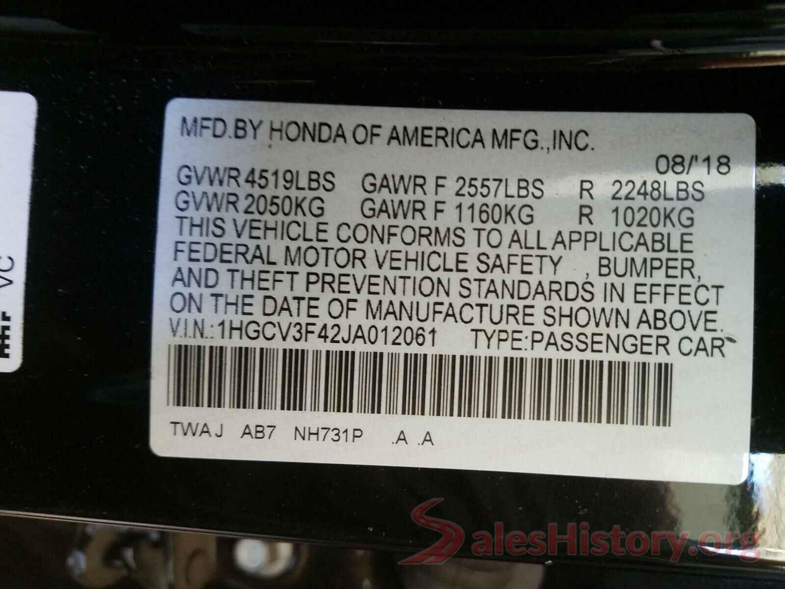 1HGCV3F42JA012061 2018 HONDA ACCORD