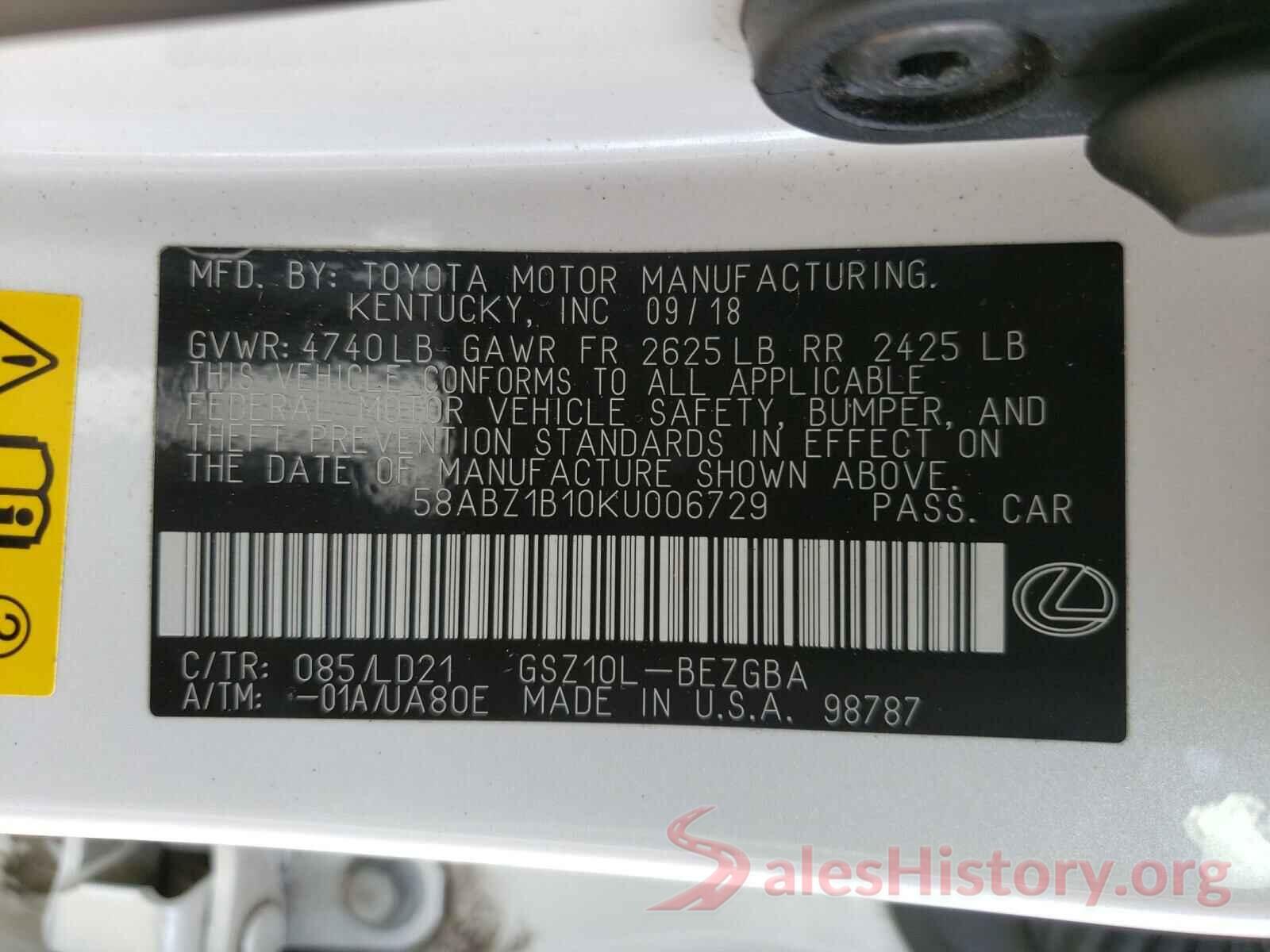 58ABZ1B10KU006729 2019 LEXUS ES350