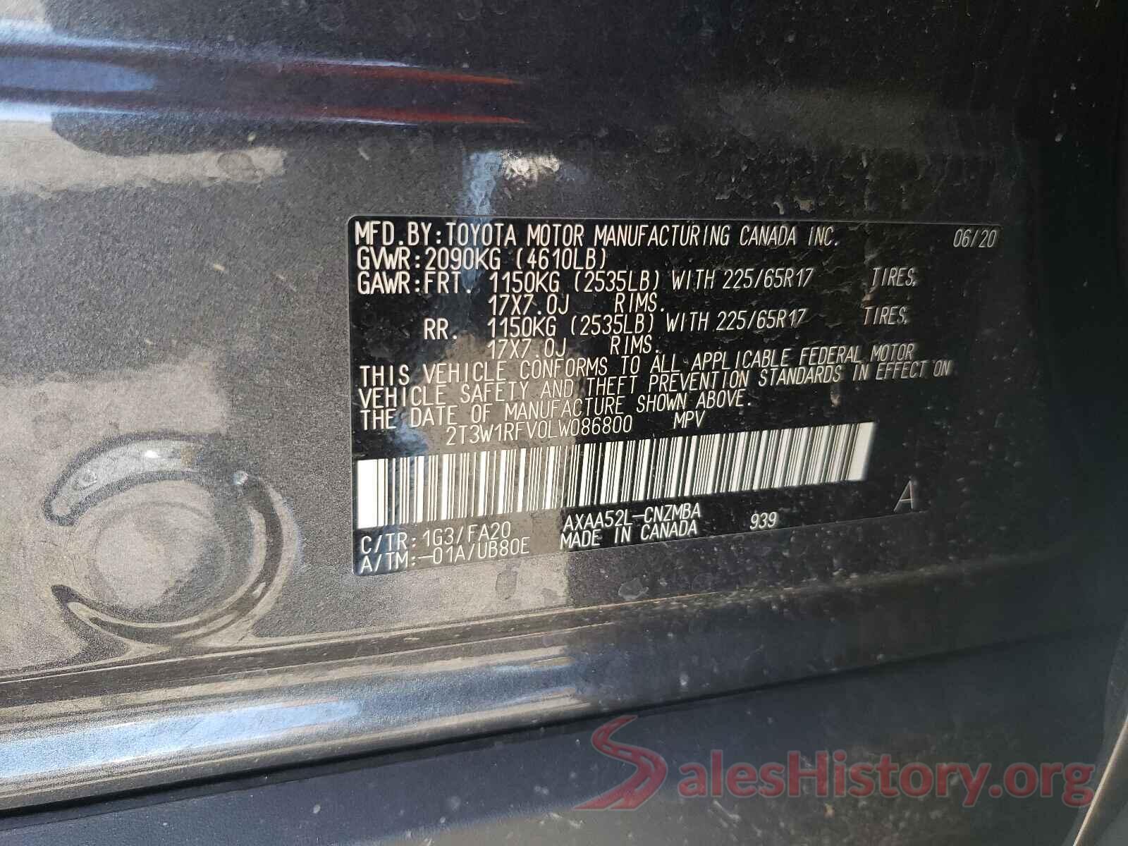 2T3W1RFV0LW086800 2020 TOYOTA RAV4