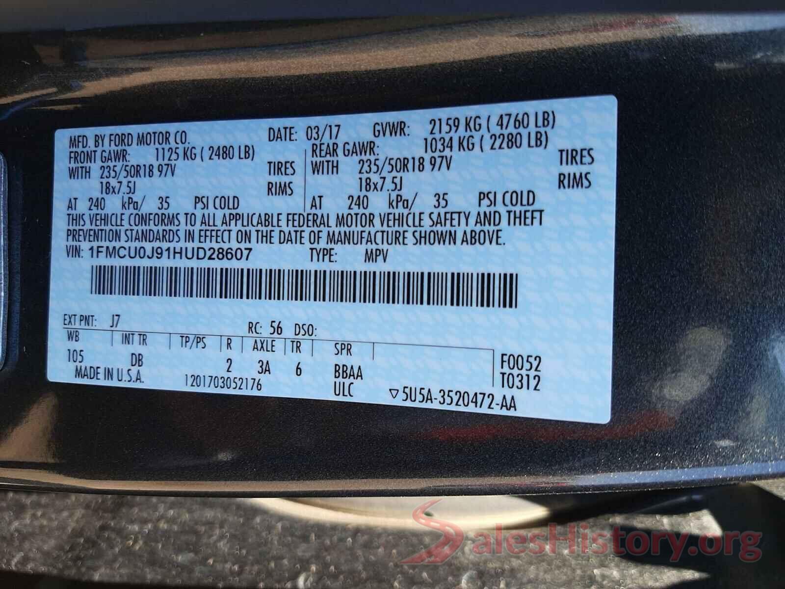 1FMCU0J91HUD28607 2017 FORD ESCAPE