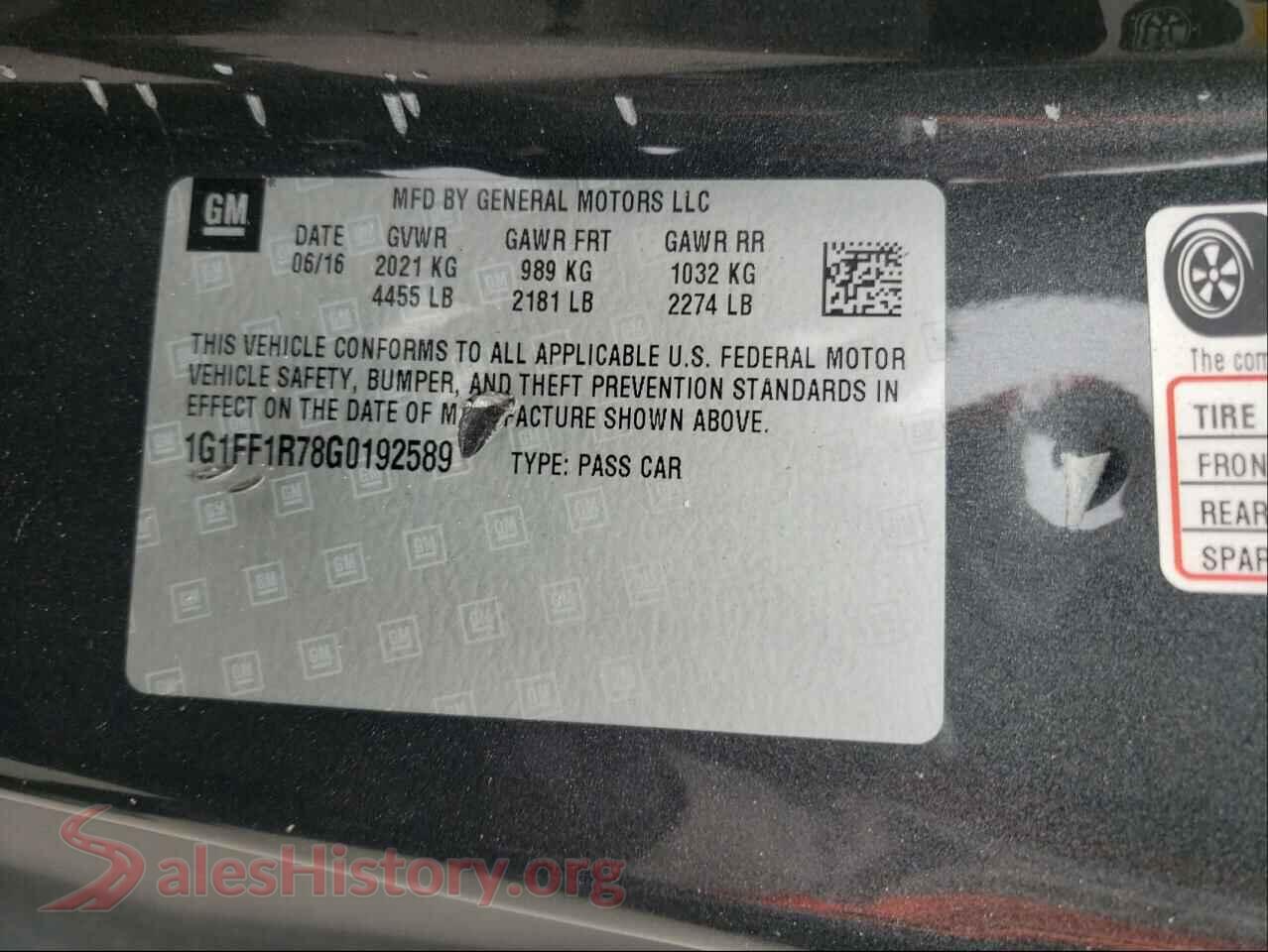 2016 CHEVROLET CAMARO VIN 1G1FF1R78G0192589, odometer mileage