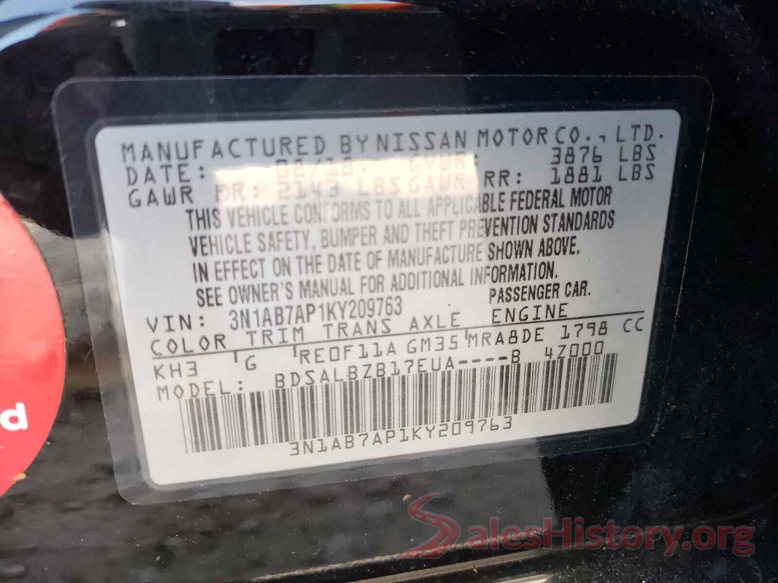 3N1AB7AP1KY209763 2019 NISSAN SENTRA