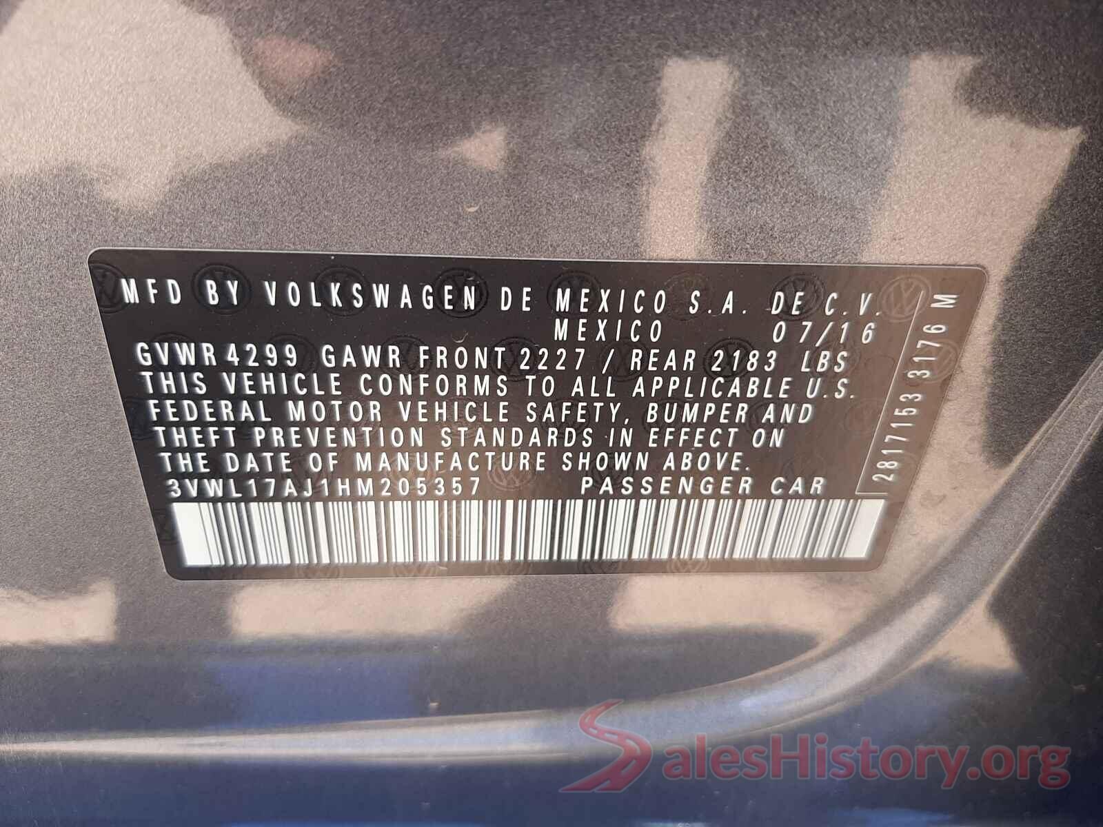 3VWL17AJ1HM205357 2017 VOLKSWAGEN JETTA