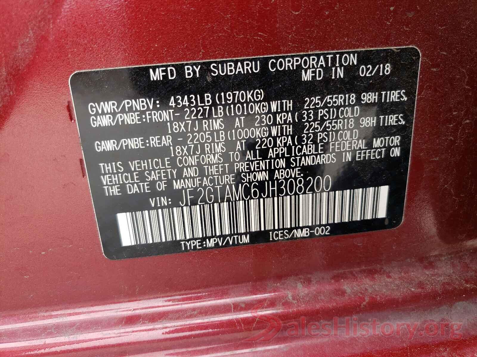 JF2GTAMC6JH308200 2018 SUBARU CROSSTREK