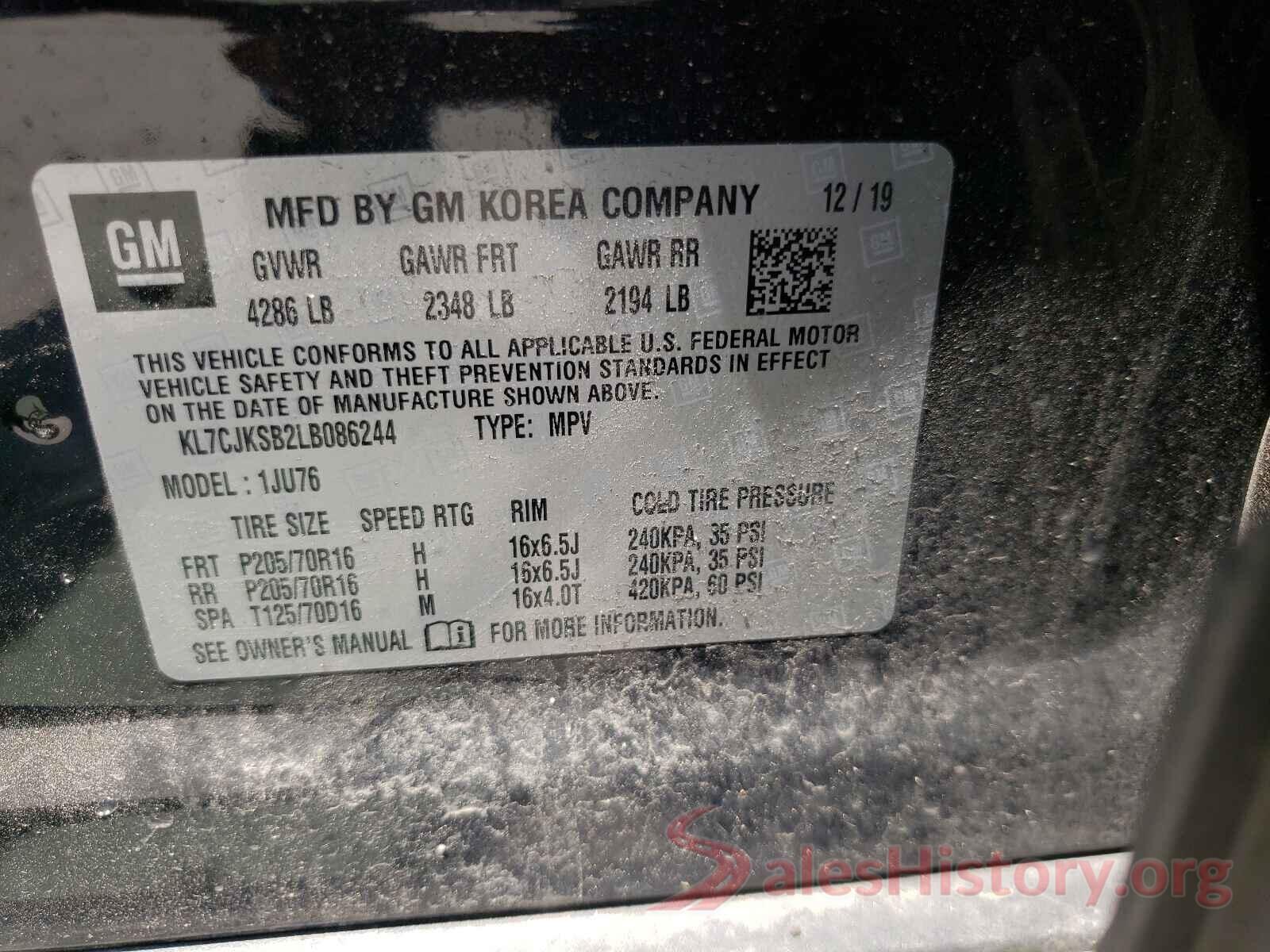 KL7CJKSB2LB086244 2020 CHEVROLET TRAX