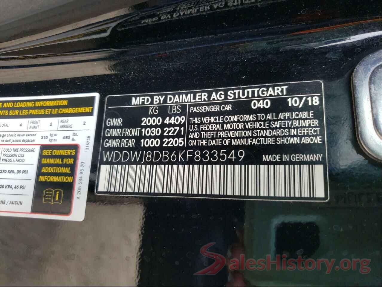 WDDWJ8DB6KF833549 2019 MERCEDES-BENZ C-CLASS