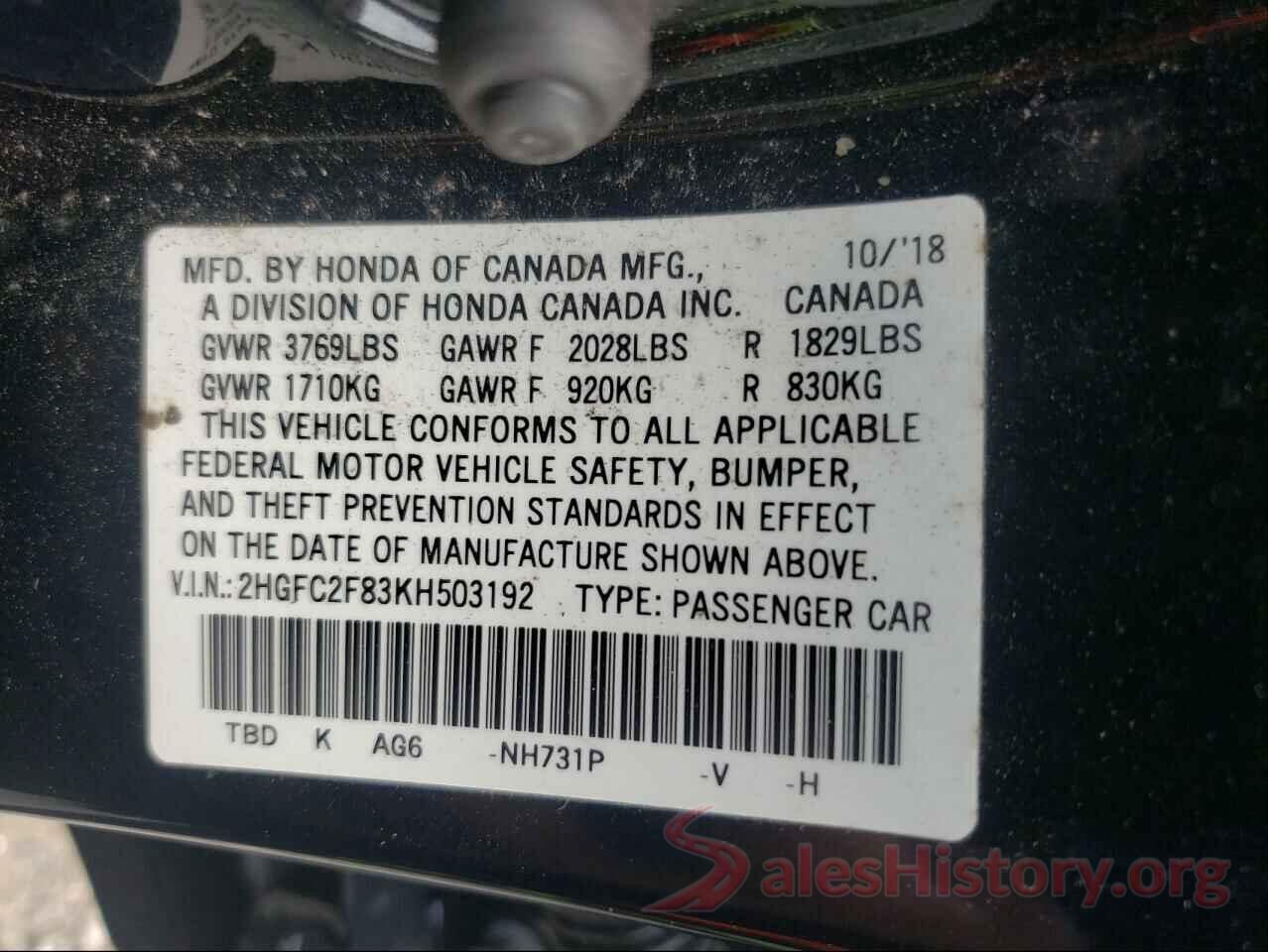 2HGFC2F83KH503192 2019 HONDA CIVIC