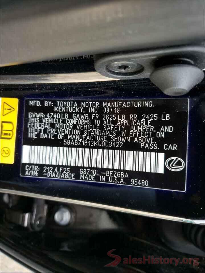 58ABZ1B13KU003422 2019 LEXUS ES350