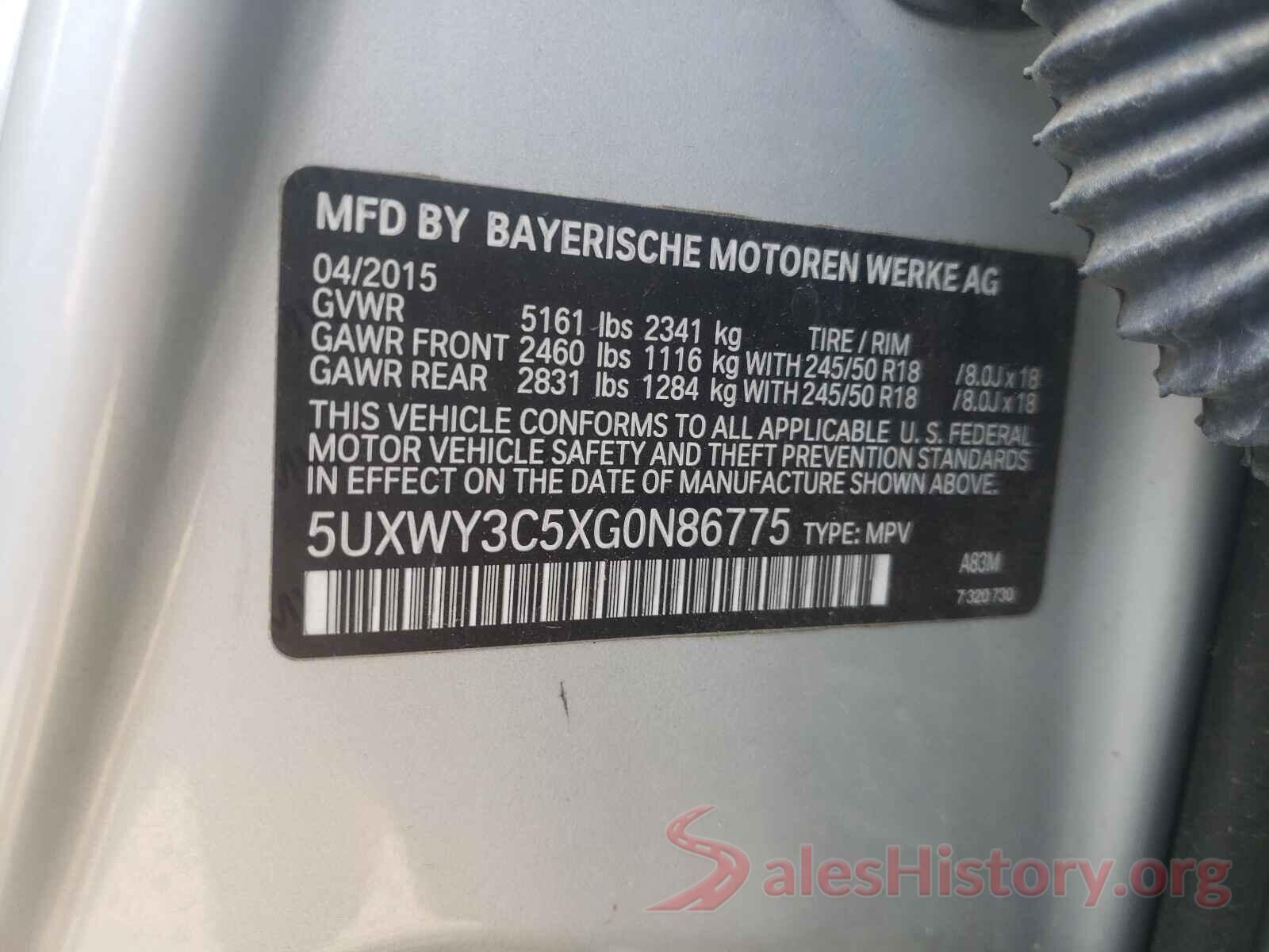 5UXWY3C5XG0N86775 2016 BMW X3