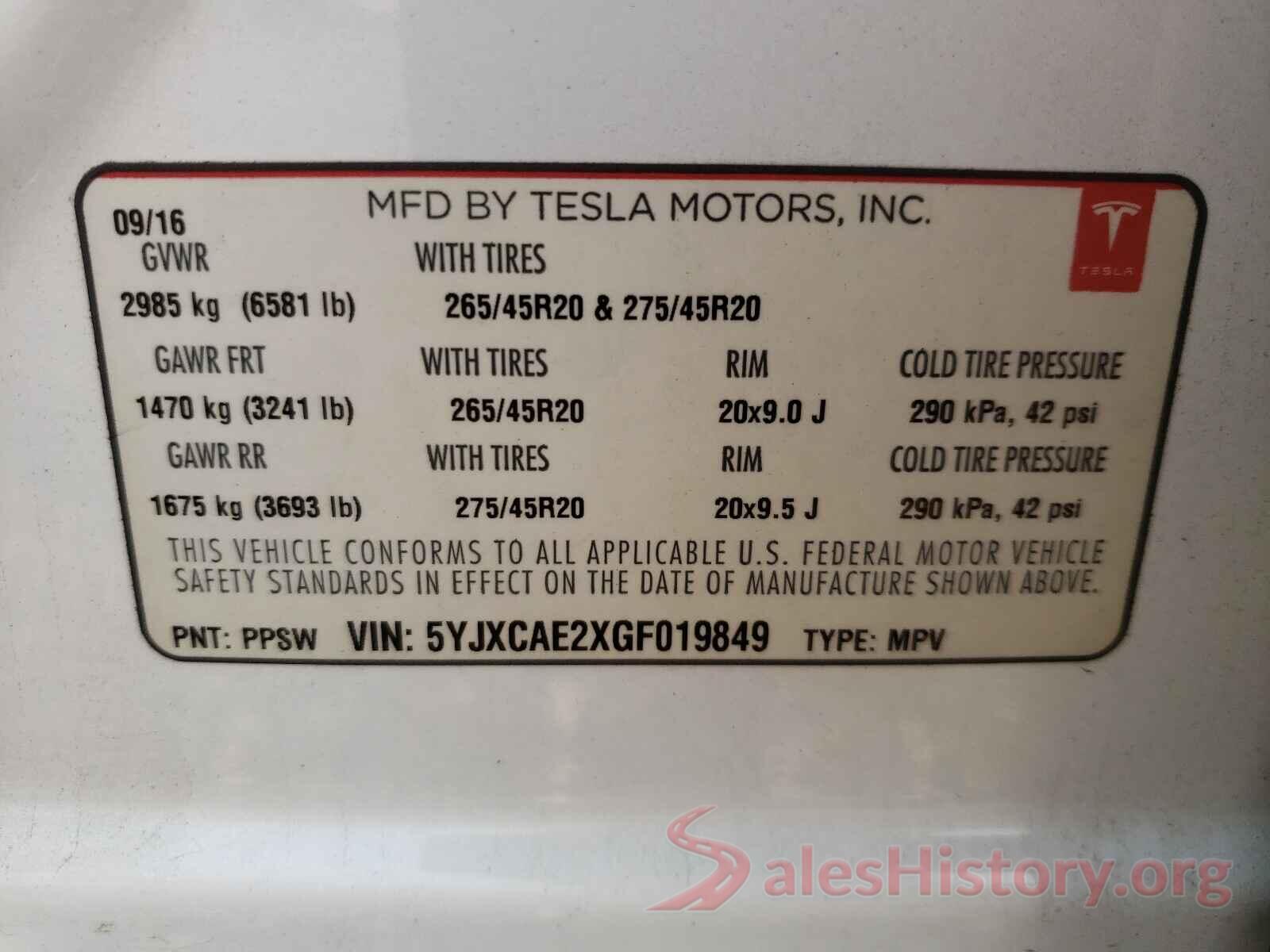 5YJXCAE2XGF019849 2016 TESLA MODEL X