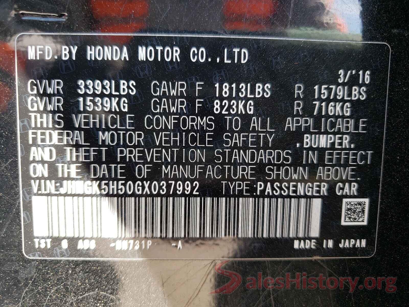 JHMGK5H50GX037992 2016 HONDA FIT