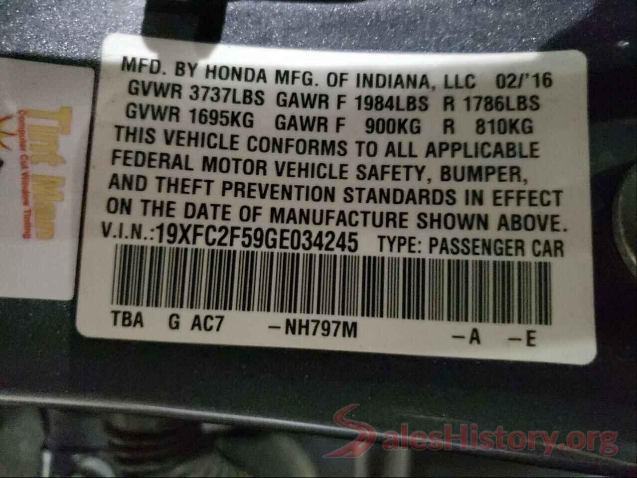 19XFC2F59GE034245 2016 HONDA CIVIC