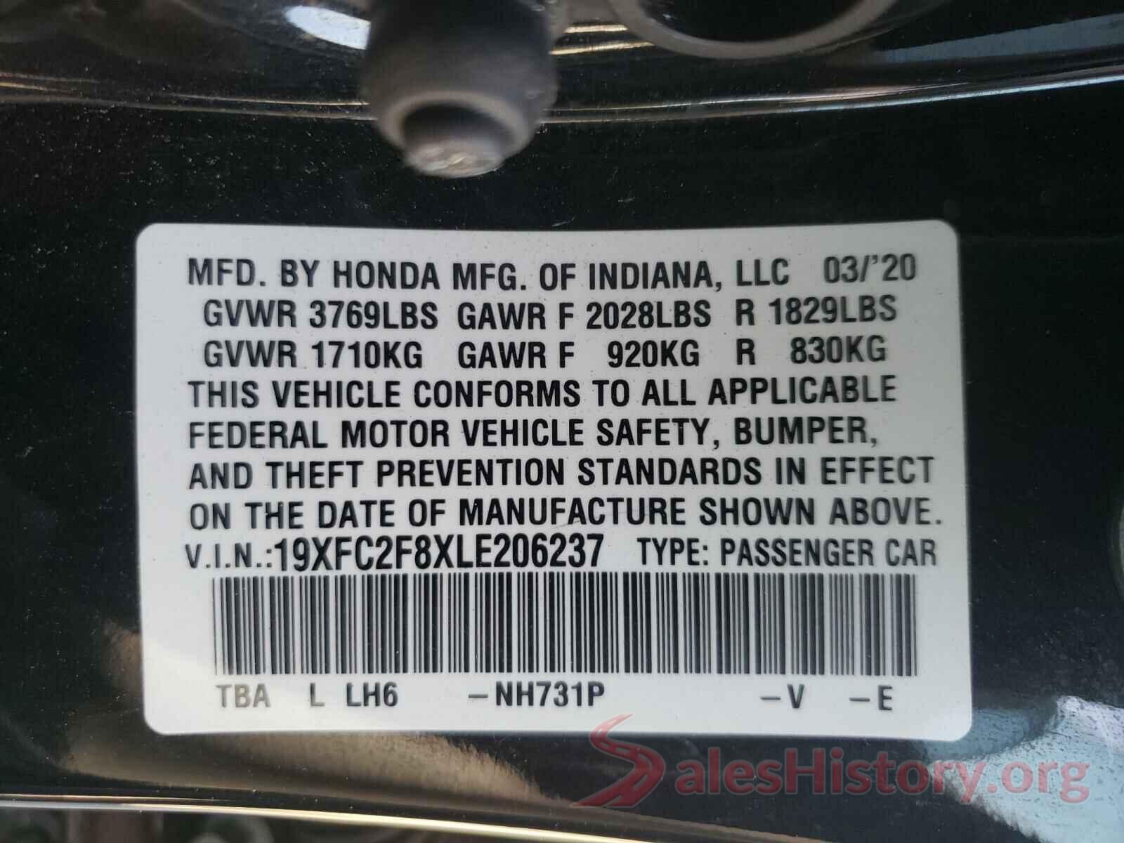 19XFC2F8XLE206237 2020 HONDA CIVIC