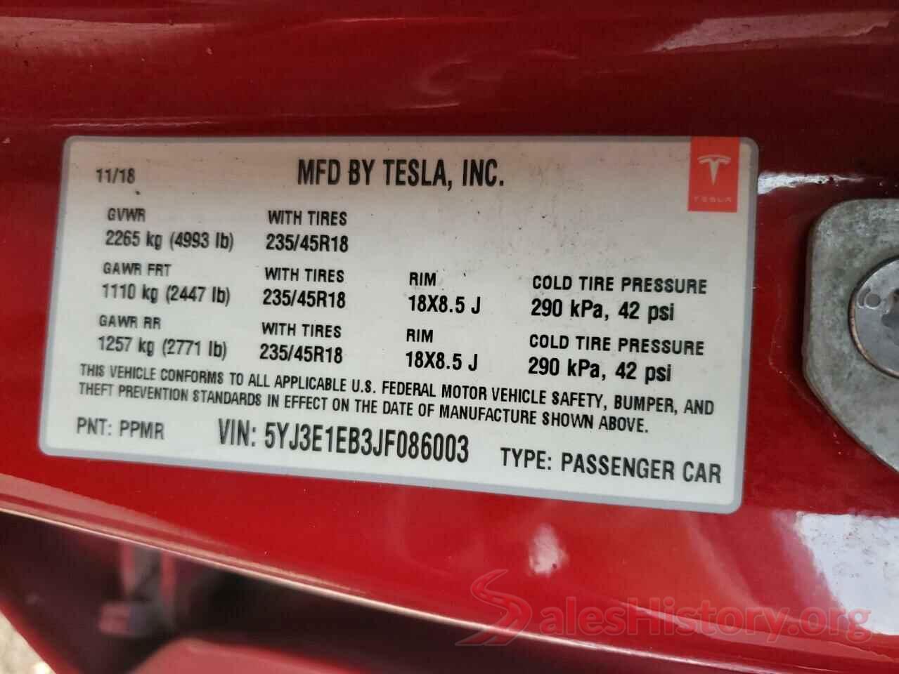 5YJ3E1EB3JF086003 2018 TESLA MODEL 3