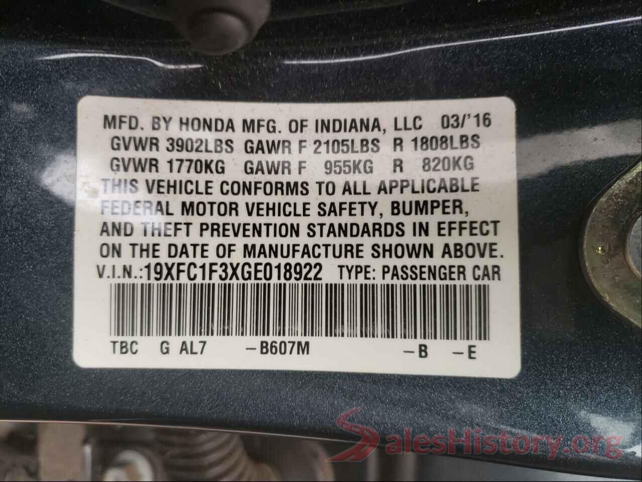 19XFC1F3XGE018922 2016 HONDA CIVIC