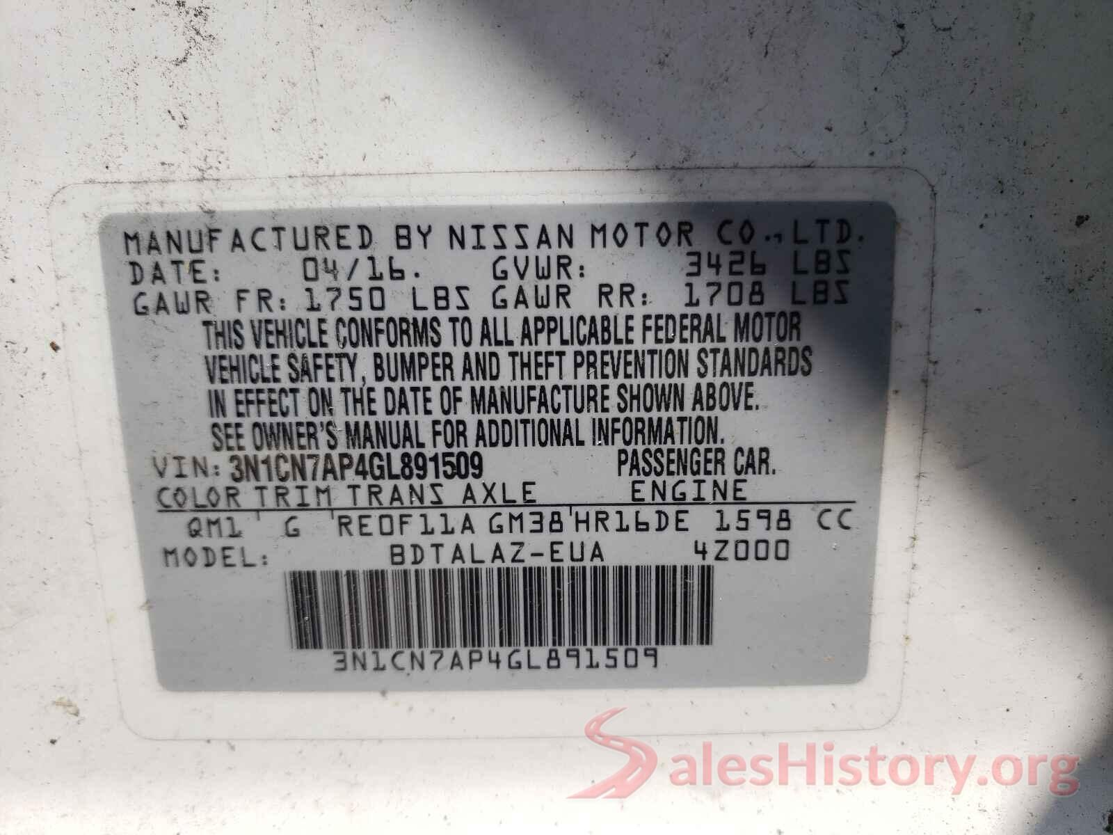 3N1CN7AP4GL891509 2016 NISSAN VERSA