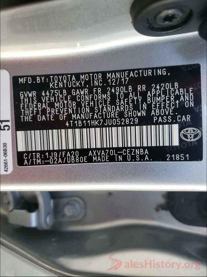 4T1B11HK7JU052829 2018 TOYOTA CAMRY