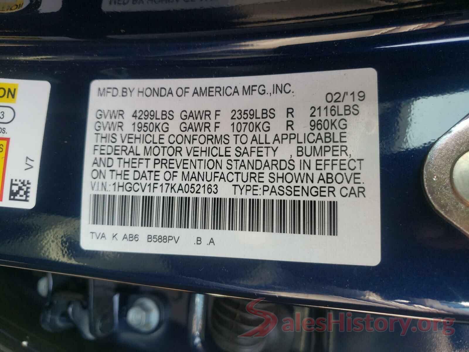 1HGCV1F17KA052163 2019 HONDA ACCORD