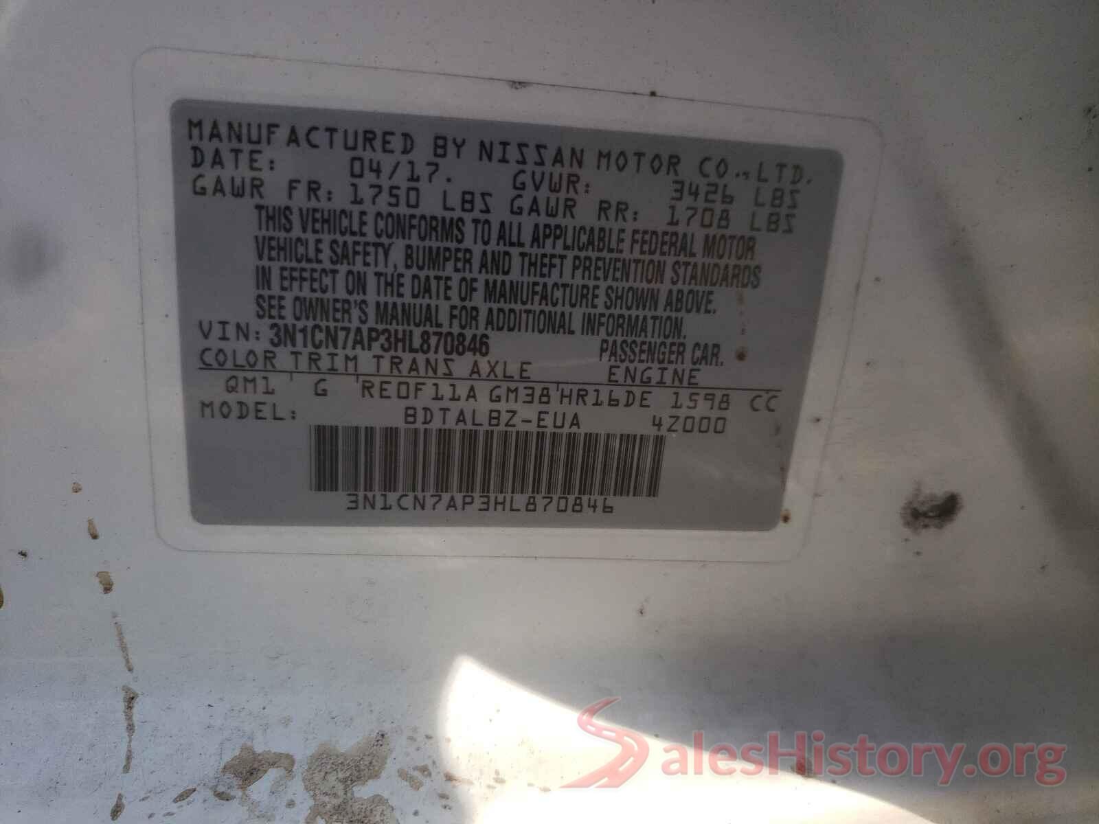 3N1CN7AP3HL870846 2017 NISSAN VERSA