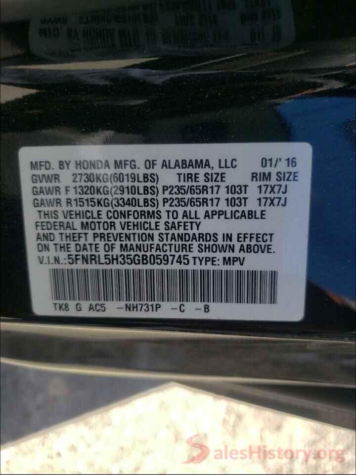 5FNRL5H35GB059745 2016 HONDA ODYSSEY