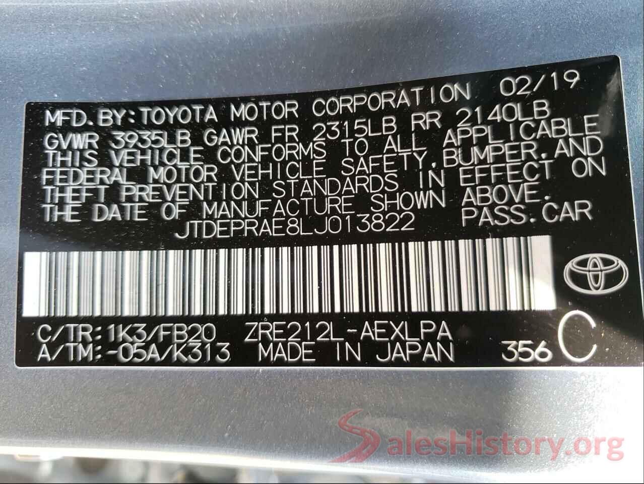 JTDEPRAE8LJ013822 2020 TOYOTA COROLLA