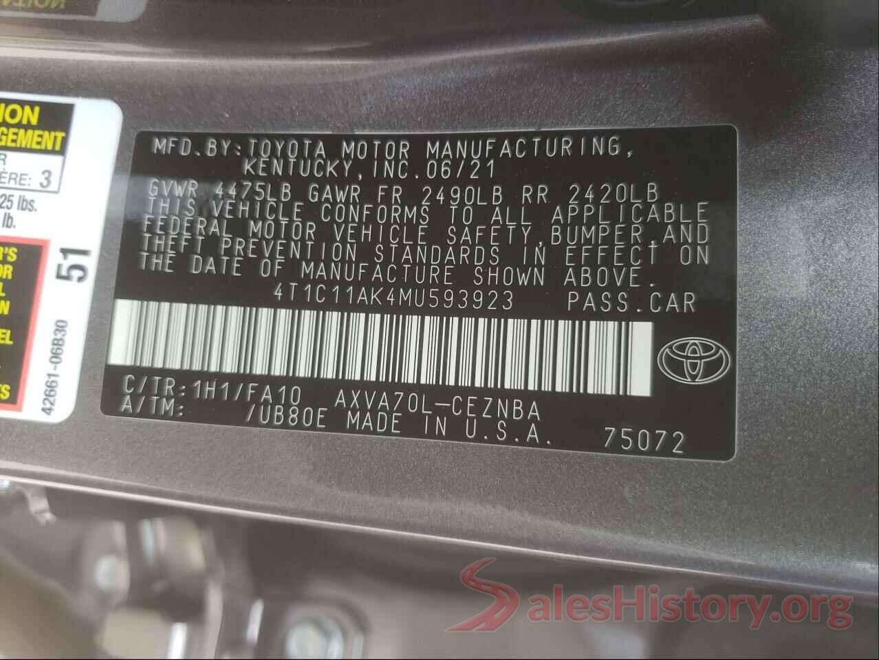 4T1C11AK4MU593923 2021 TOYOTA CAMRY