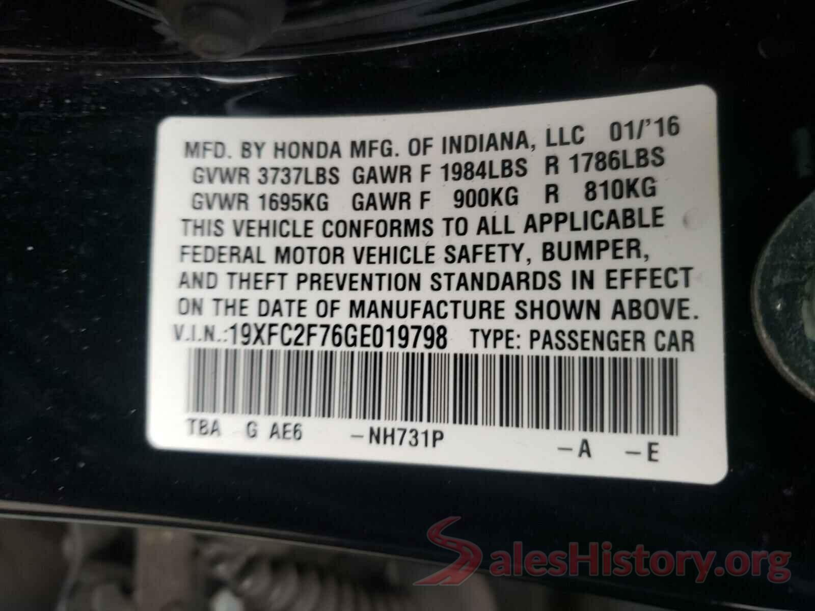 19XFC2F76GE019798 2016 HONDA CIVIC