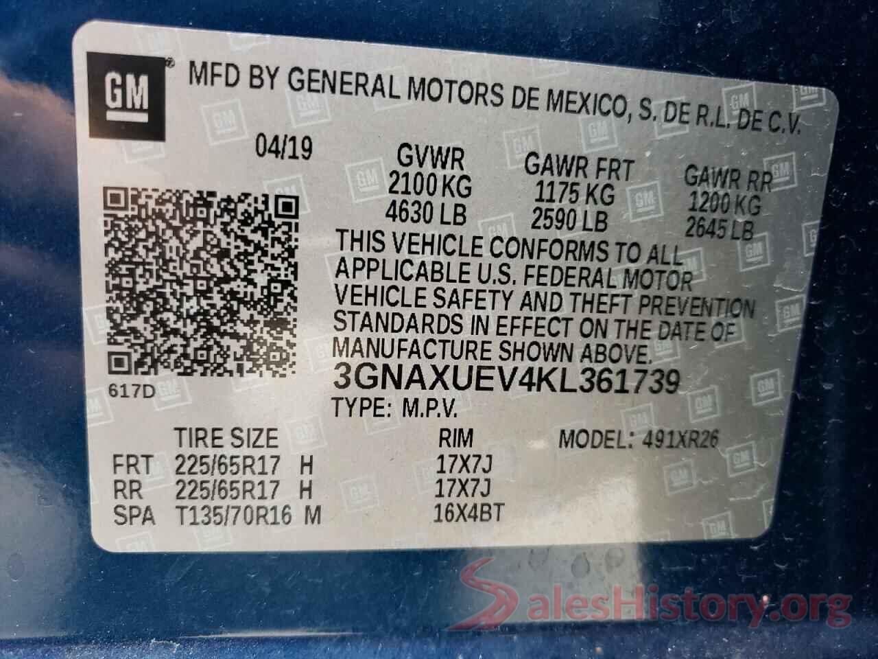 3GNAXUEV4KL361739 2019 CHEVROLET EQUINOX