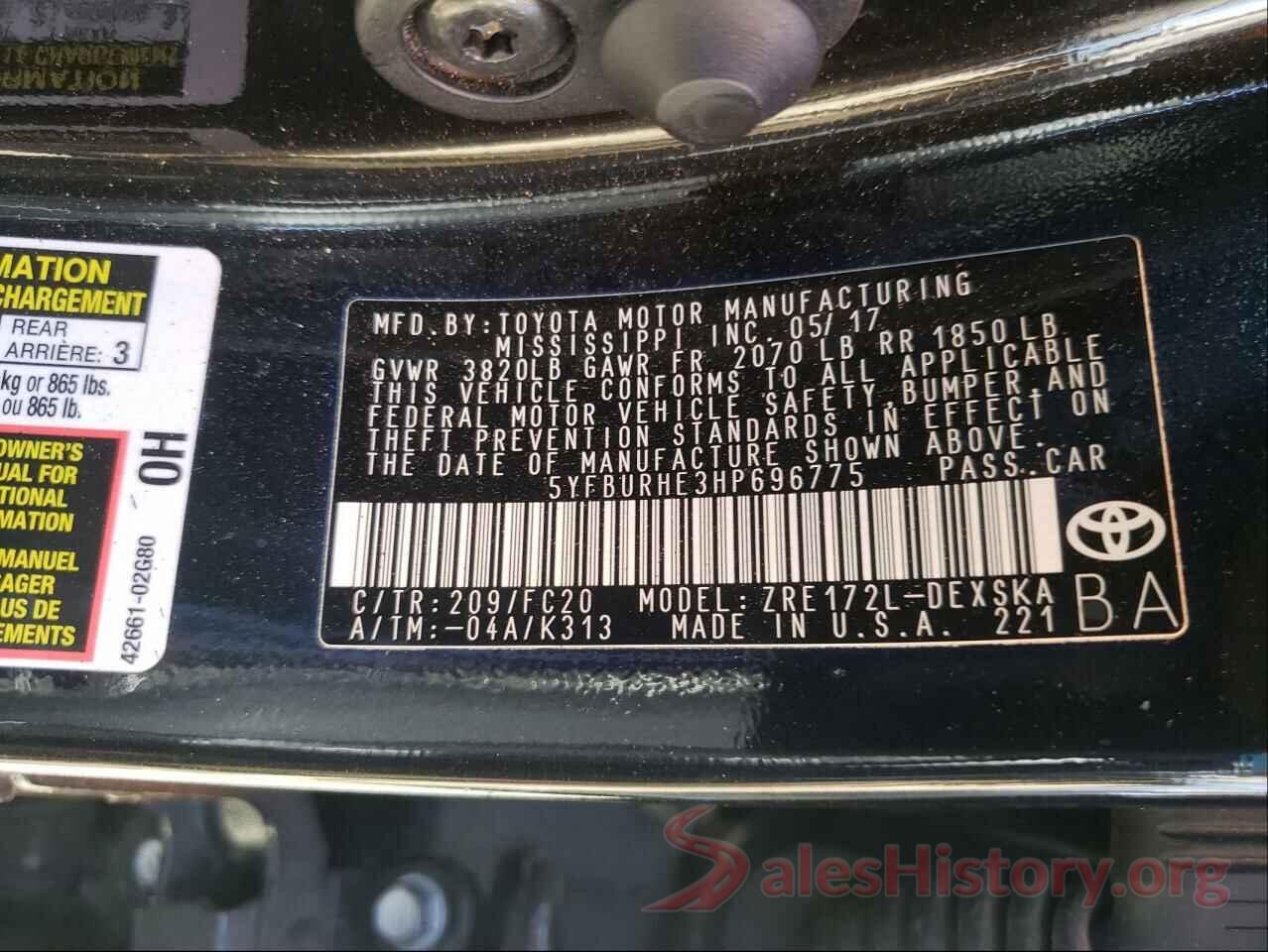 5YFBURHE3HP696775 2017 TOYOTA COROLLA