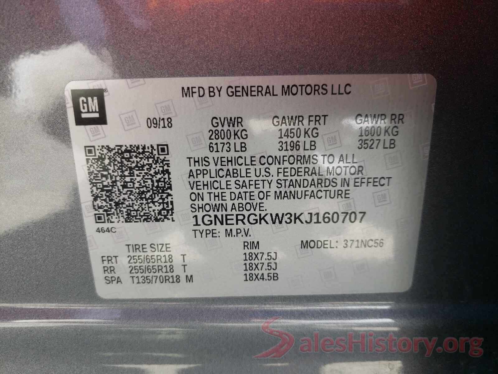 1GNERGKW3KJ160707 2019 CHEVROLET TRAVERSE