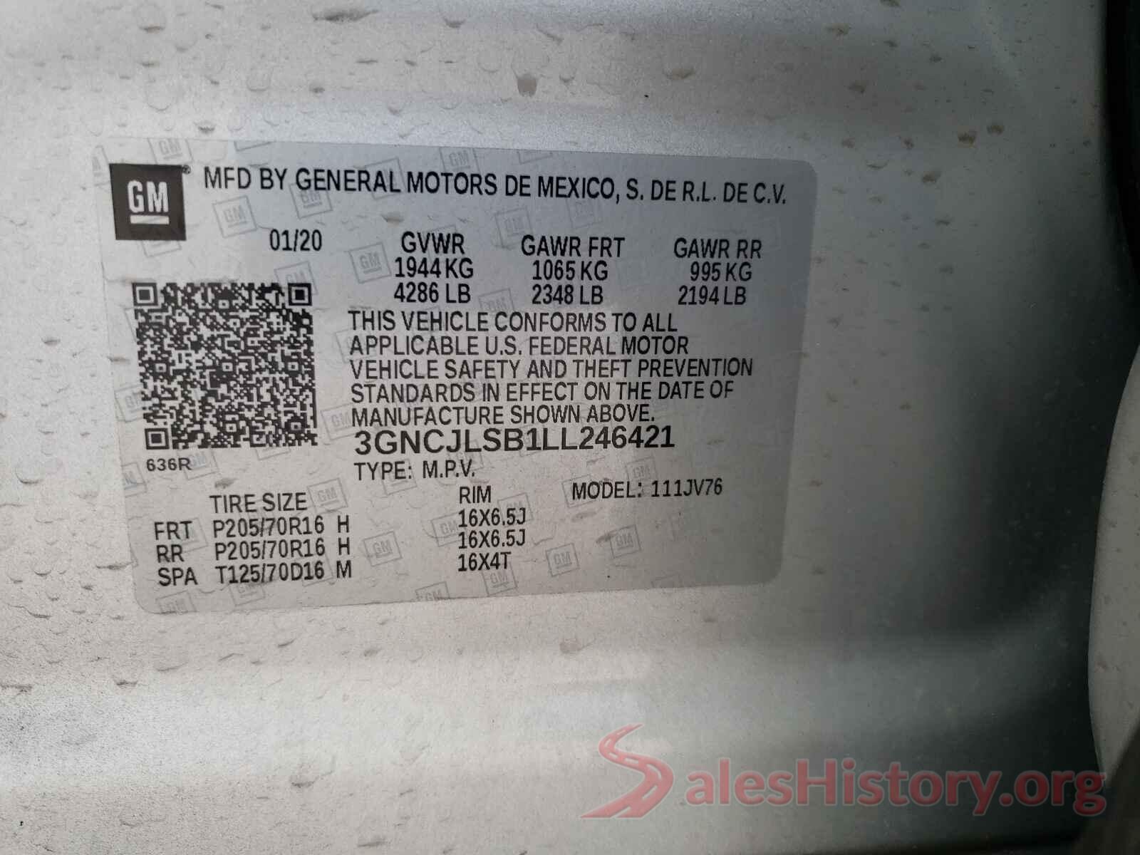 3GNCJLSB1LL246421 2020 CHEVROLET TRAX