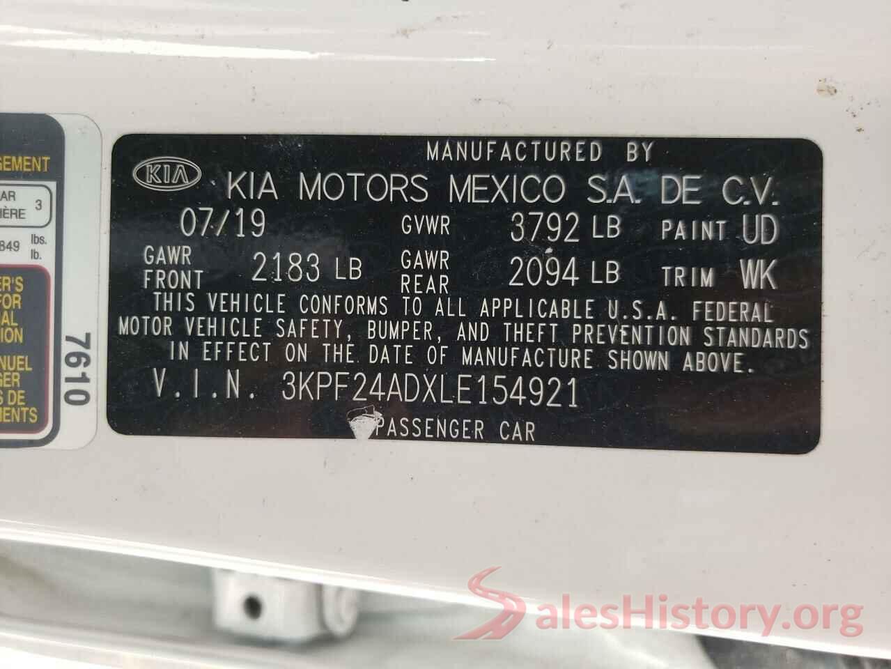 3KPF24ADXLE154921 2020 KIA FORTE