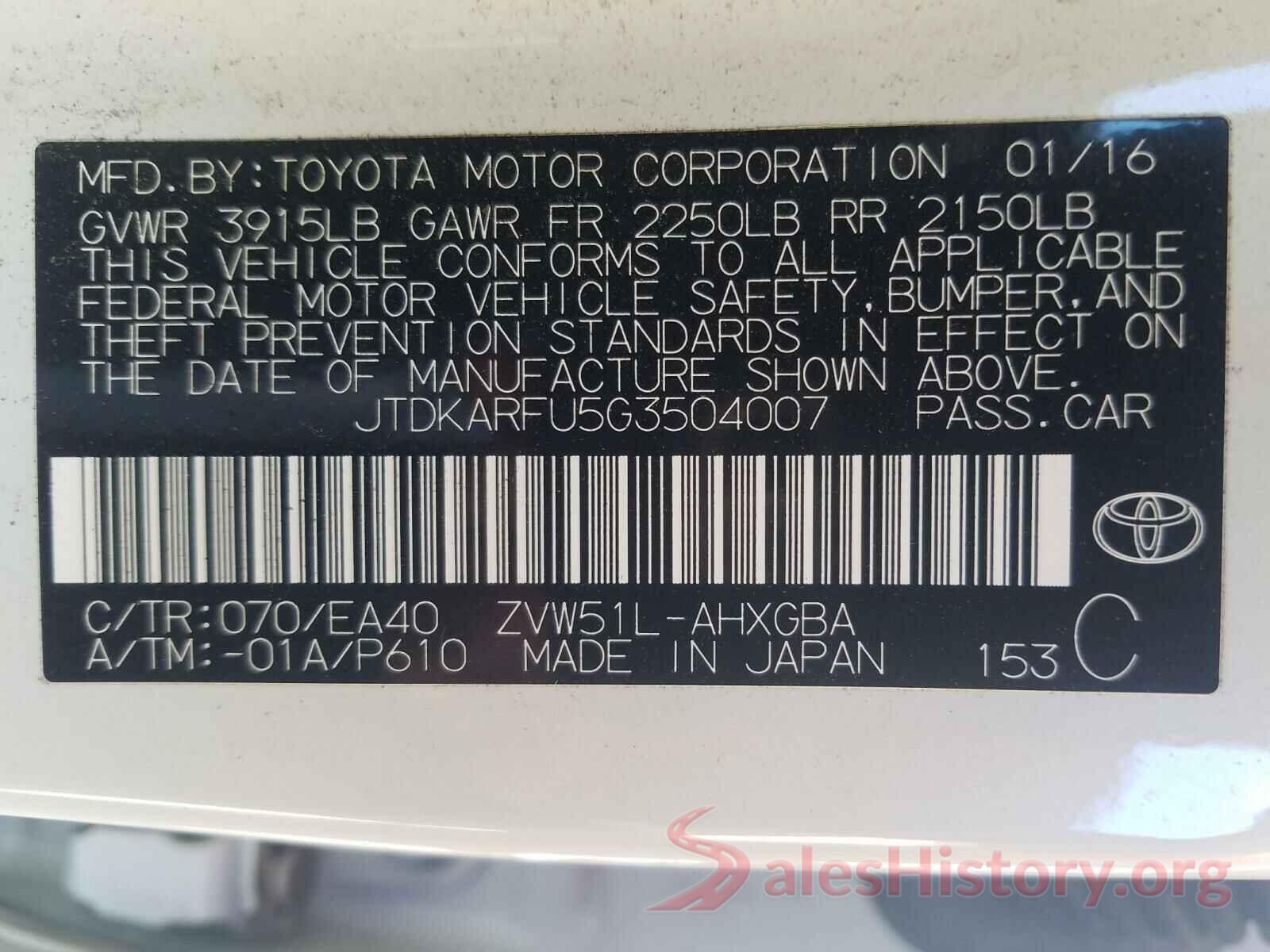 JTDKARFU5G3504007 2016 TOYOTA PRIUS