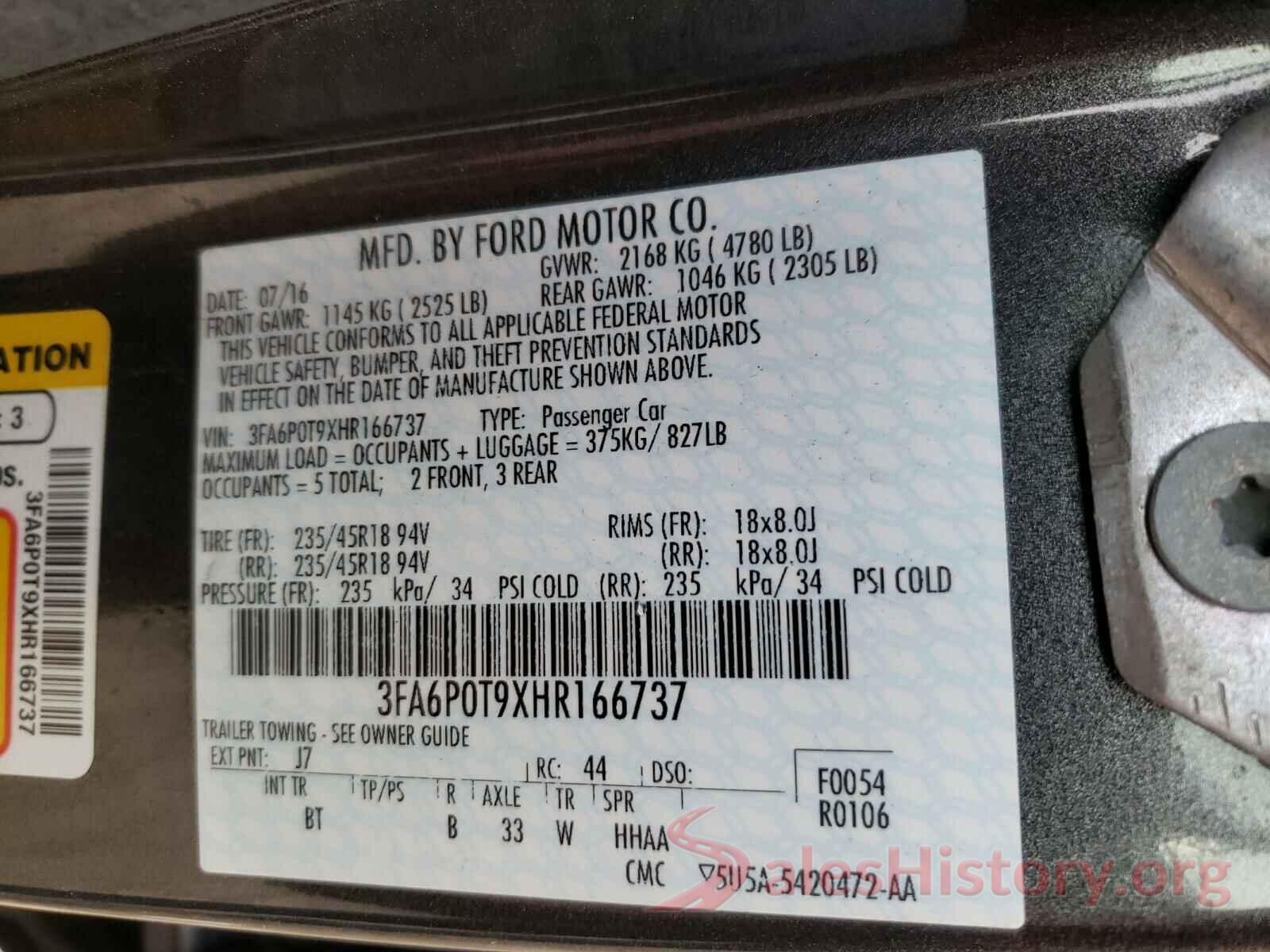 3FA6P0T9XHR166737 2017 FORD FUSION