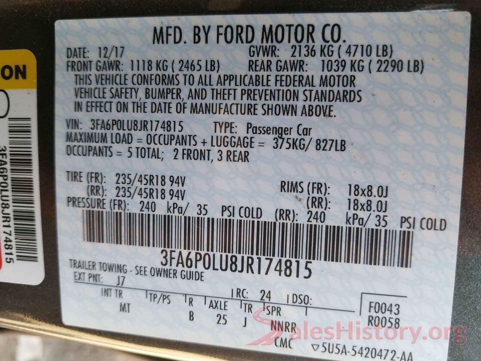 3FA6P0LU8JR174815 2018 FORD FUSION