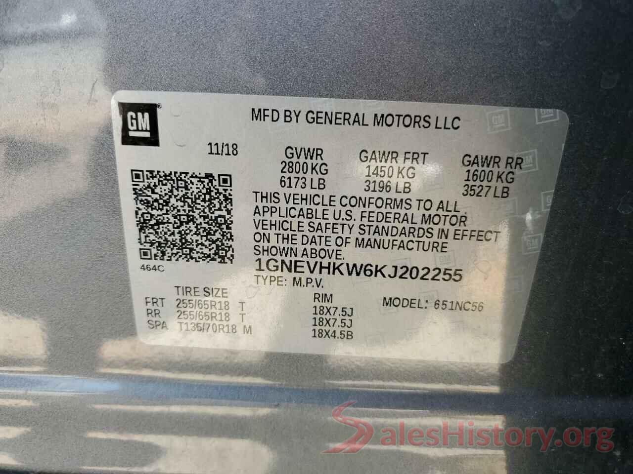 1GNEVHKW6KJ202255 2019 CHEVROLET TRAVERSE