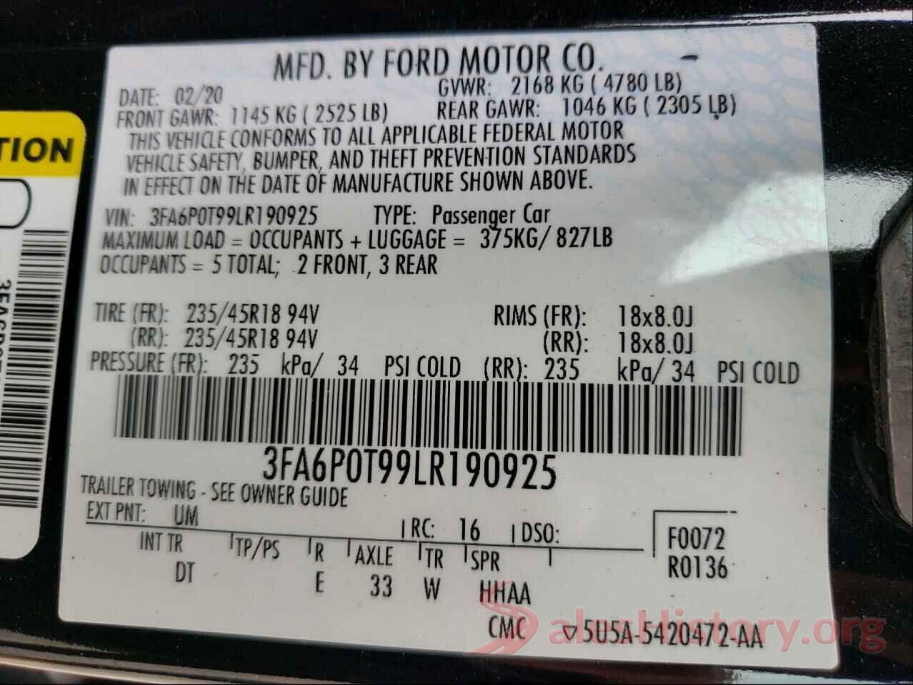 3FA6P0T99LR190925 2020 FORD FUSION