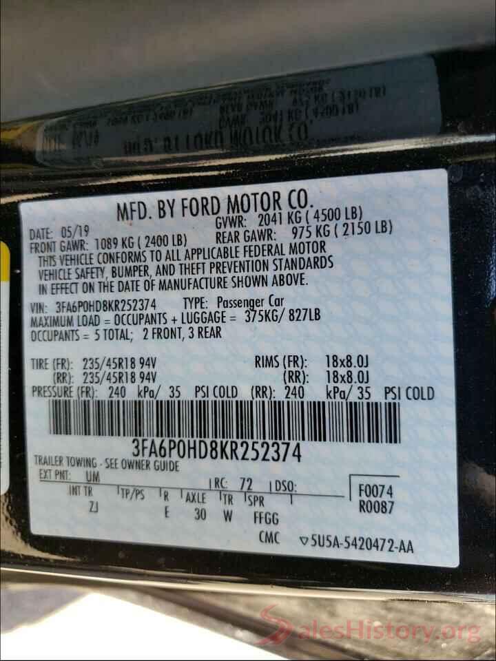 3FA6P0HD8KR252374 2019 FORD FUSION