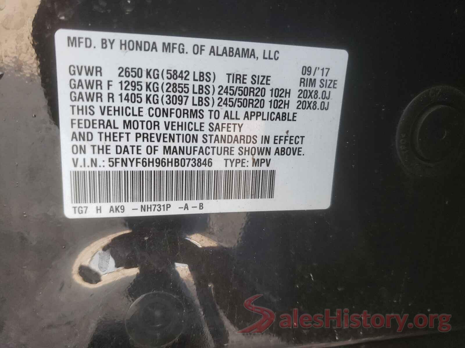 5FNYF6H96HB073846 2017 HONDA PILOT