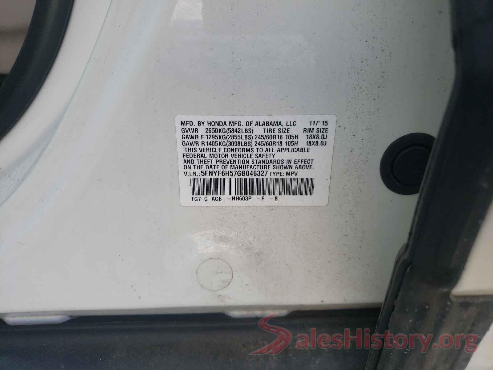 5FNYF6H57GB046327 2016 HONDA PILOT